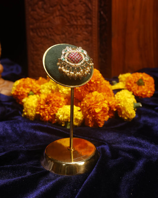 Handcrafted Kundan Statement Ring, Gold Plated Pearls, Green Ruby Pink Ethnic Jewelry