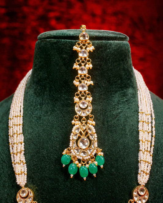 Long Kundan Pearl Pendant Necklace Set, Green Beaded Bridal Jewelry, Indian Wedding Jewelry, Ethnic Polki Necklace Earrings Maang Tikka