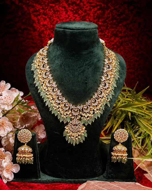 Kundan Choker Necklace Set Gold Plated Green Bead Bridal Jewelry, Indian Wedding Necklace Set with Jhumka Earrings, Ethnic Jewelry
