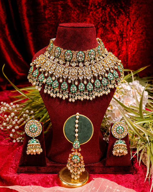 Royal Kundan Polki Bridal Necklace Earrings Set with Green Beads & Maang Tikka Traditional Indian Wedding Jewelry