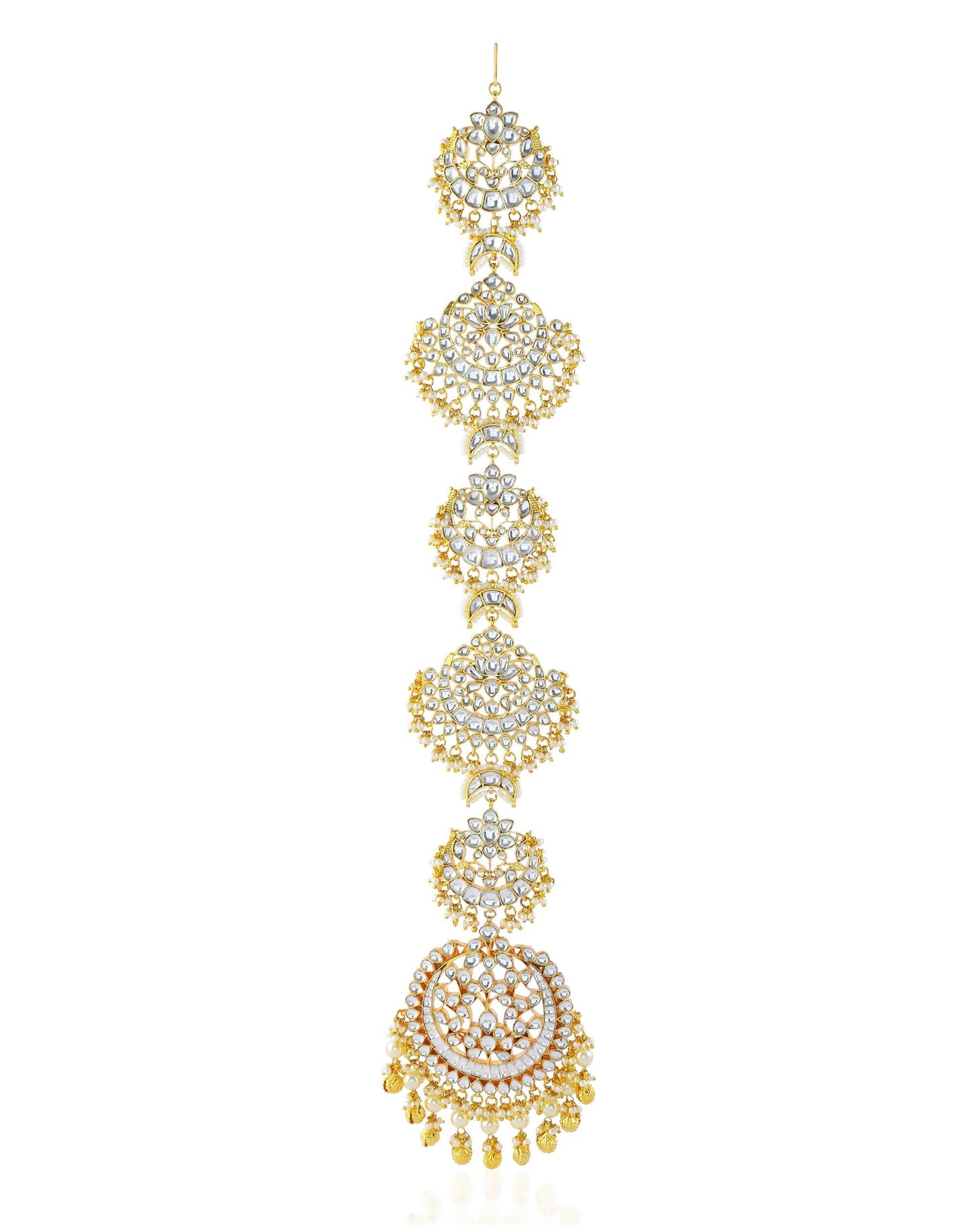 White Kundan Braid Jewelry, Gold Pearl Indian Wedding Hair Chain