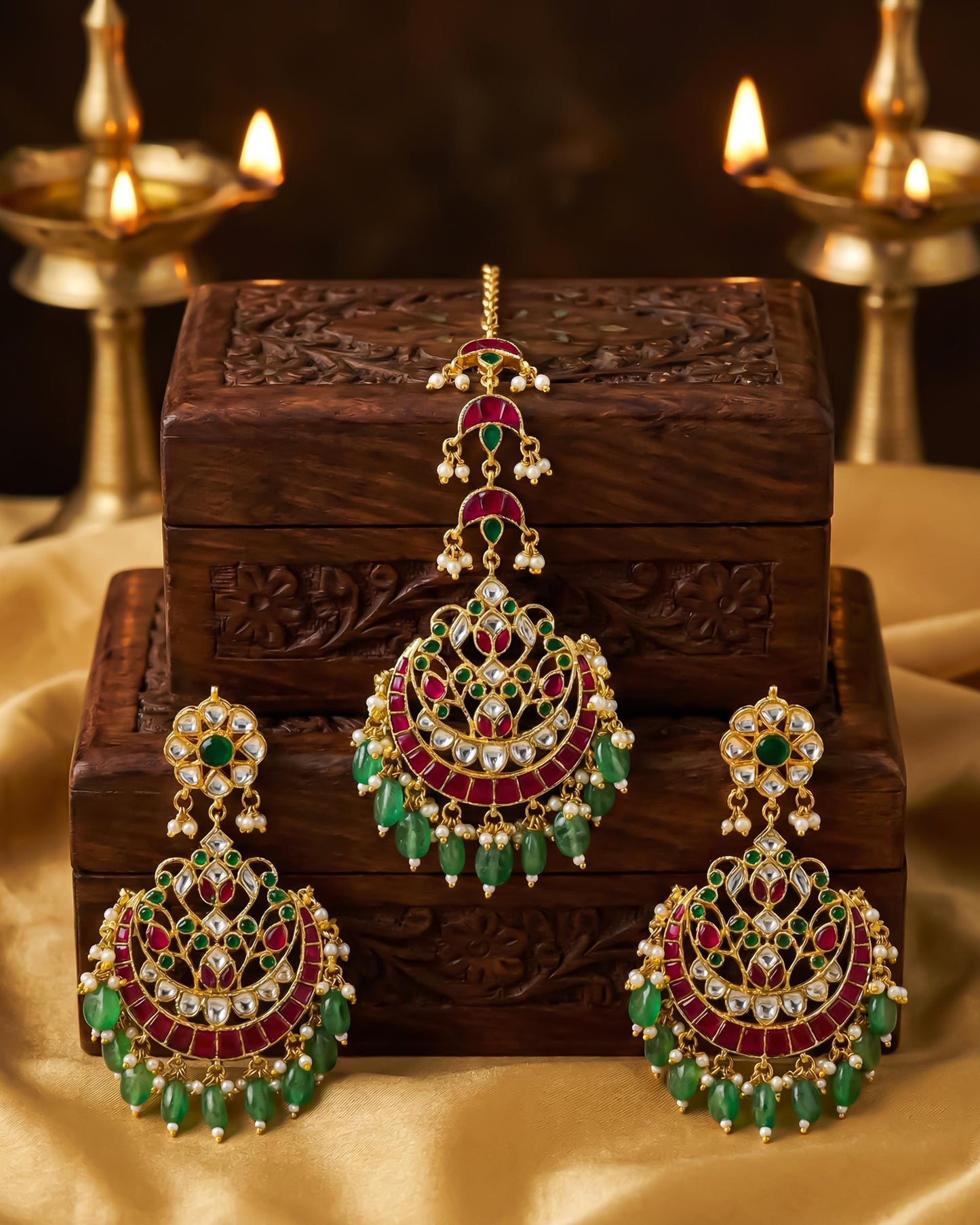 Kundan Chand Bali Maang Tikka Earrings Set, Indian Bridal Jewelry, Green Red Stones