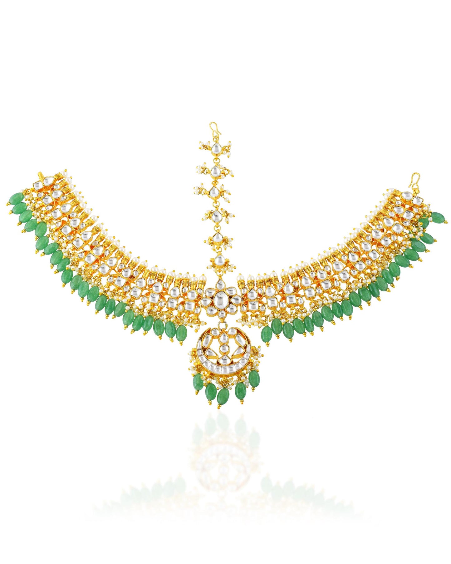 Gold Kundan Pearl Maang Tikka Set, Indian Bridal Headpiece, Wedding Jewelry