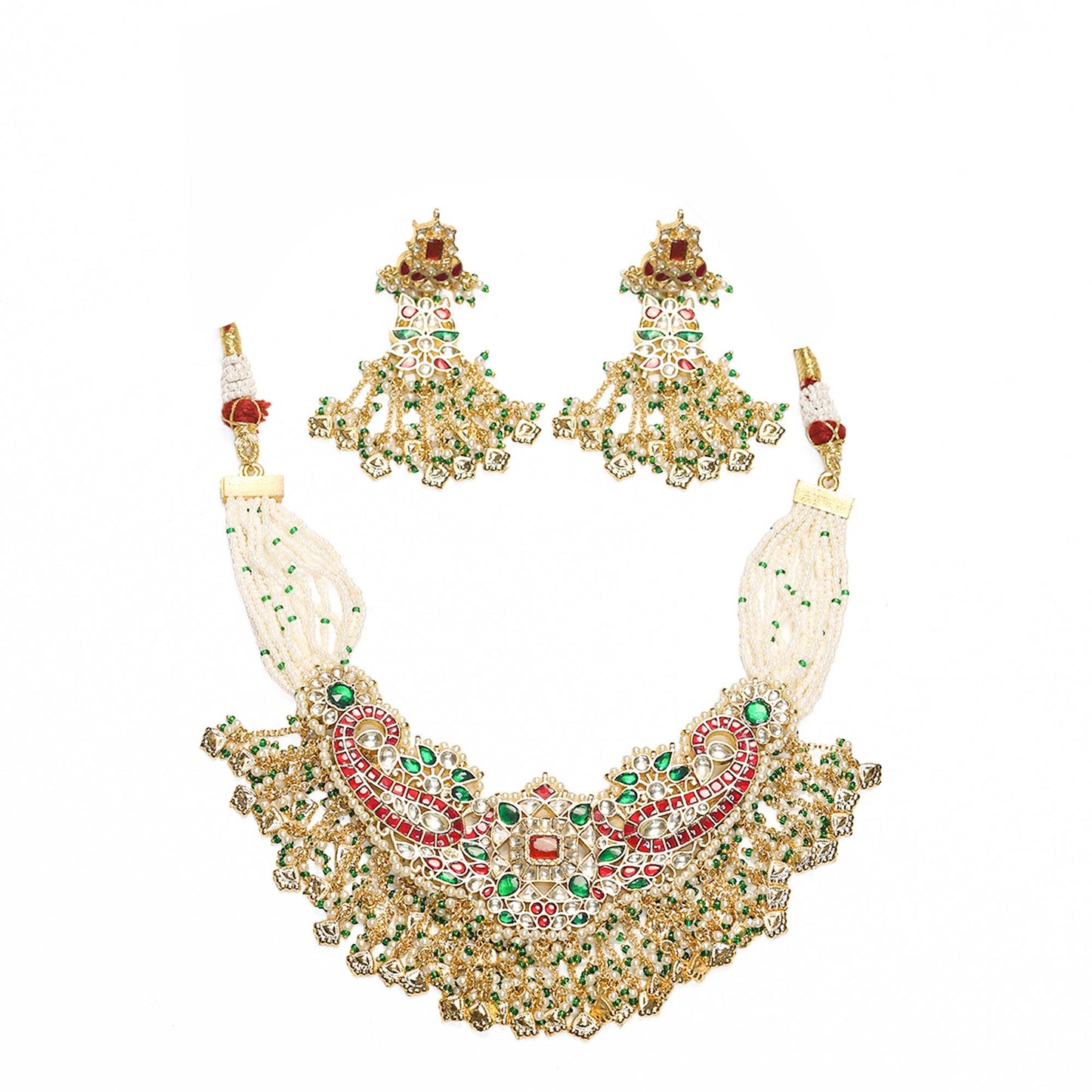 Meenakari Bridal Choker Necklace Set, Red Green Indian Wedding Jewelry, Pearl Beaded Choker Set with Earrings, Statement Ethnic Jewelry