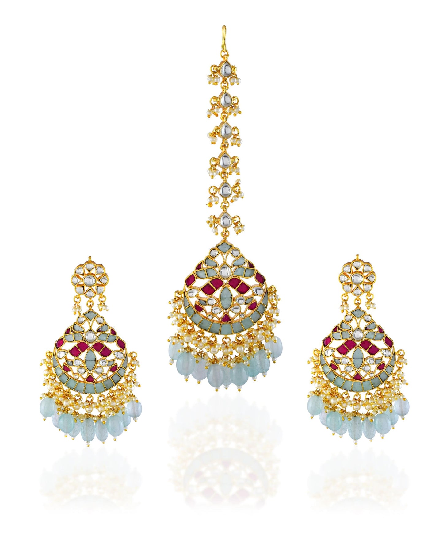 Gold Plated Kundan Tikka Set with Earrings, Turquoise Enamel Bridal Jewelry