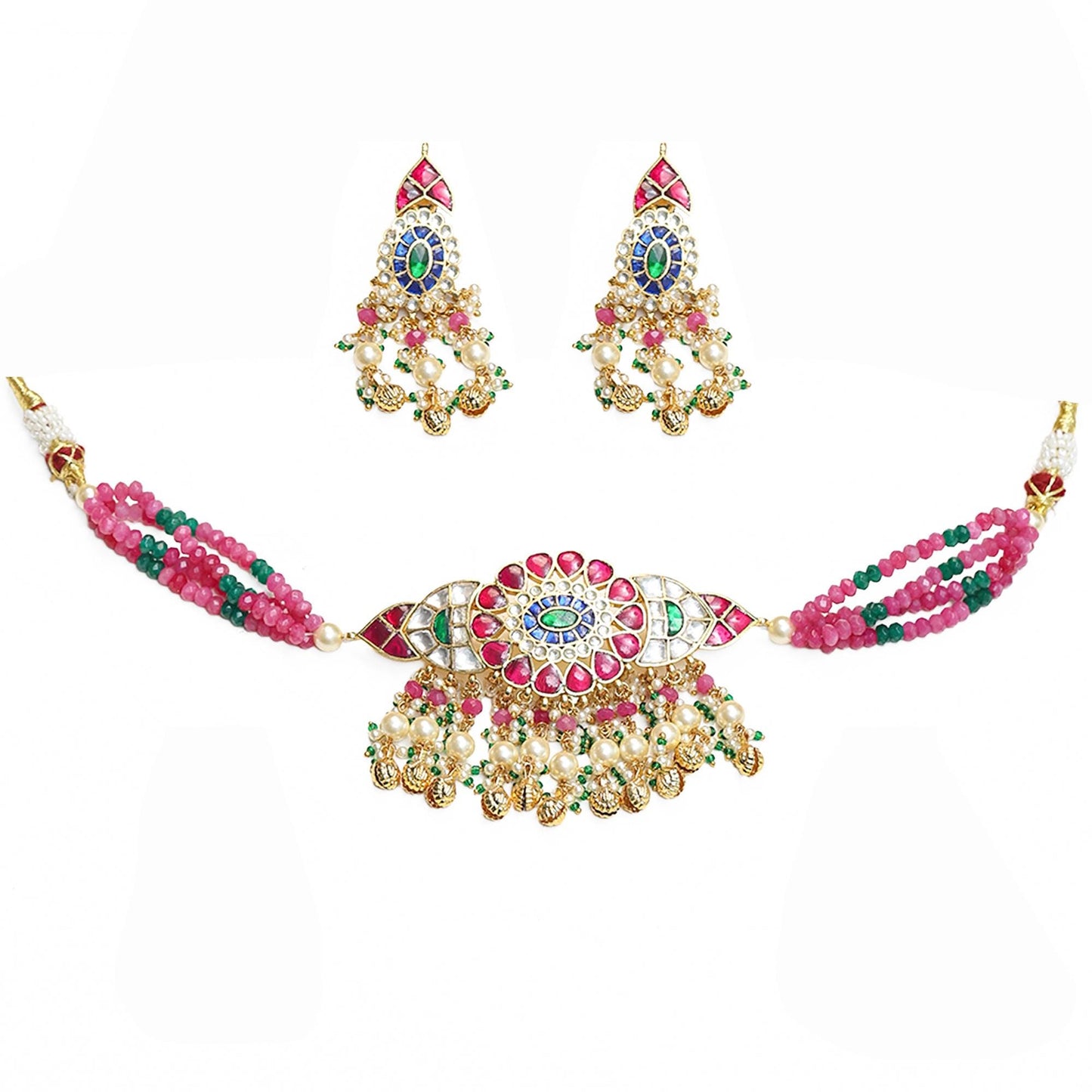 Pink Kundan Choker Necklace Set with Earrings, Indian Bridal Jewelry, Green Beaded Choker, Traditional Wedding Necklace, Pearl Drop Jewelry