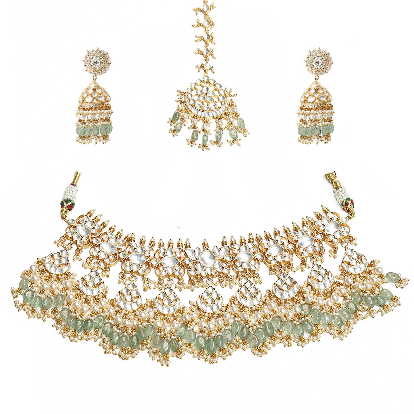 Gold Kundan Bridal Necklace Set with Maang Tikka & Jhumka Earrings, Green Beaded Wedding Jewelry, Bridal Choker Set, Pearl Polki Jewelry