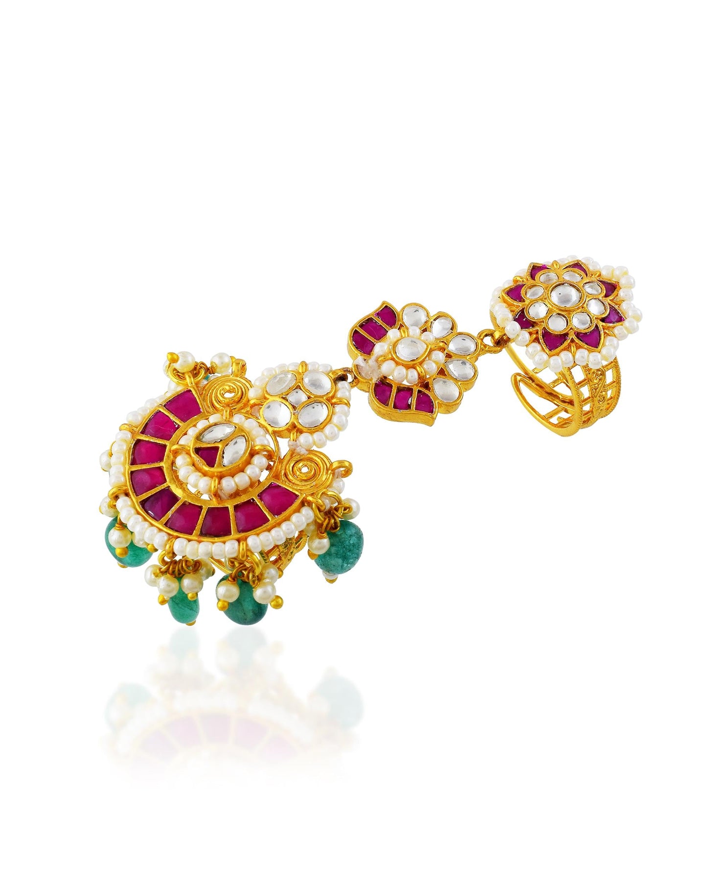Gold Plated Kundan Pearl Meenakari Statement Ring, Pink Green Ethnic Bridal Jewelry