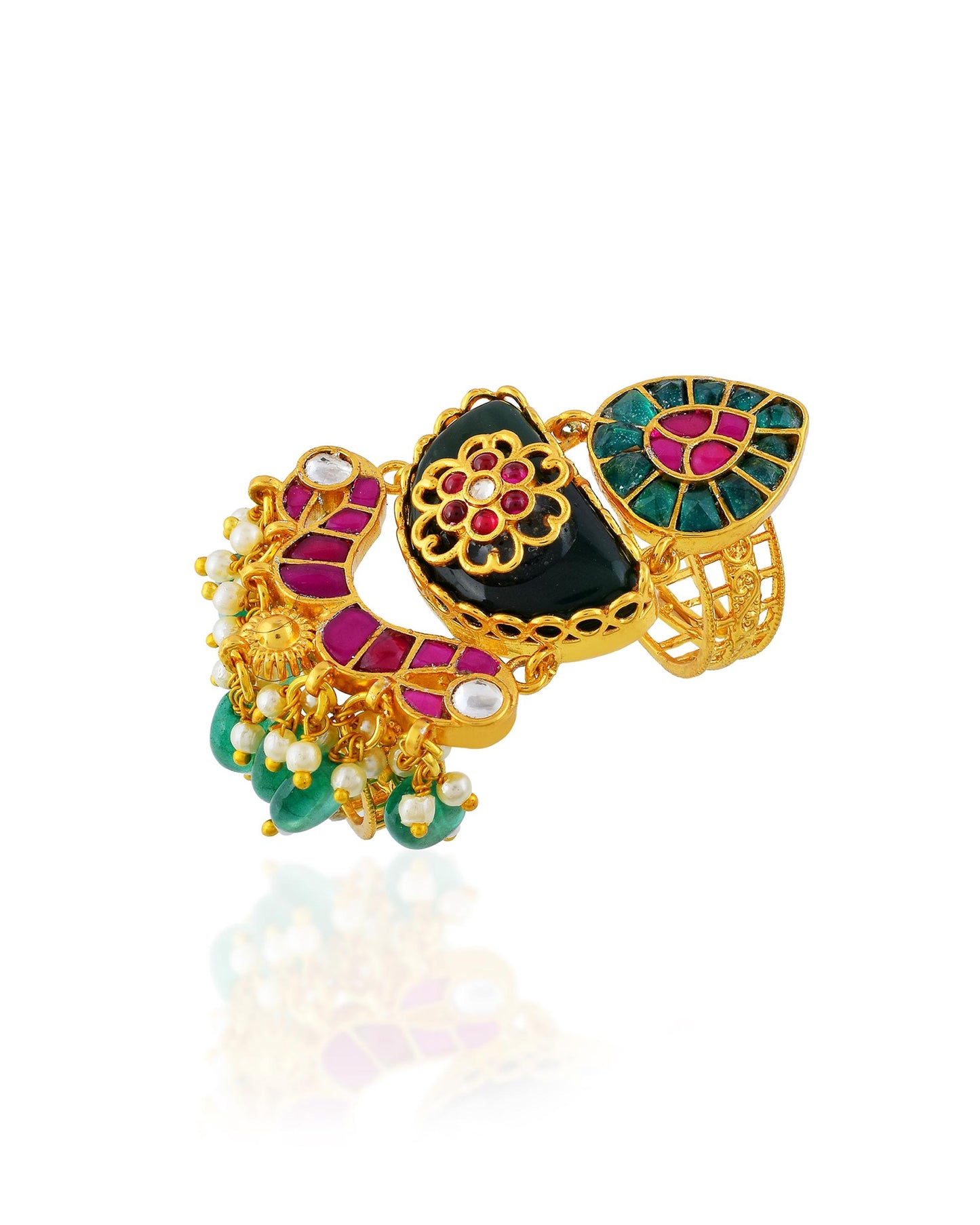 Gold Plated Kundan Meenakari Ring, Green Pearl Bridal Statement Jewelry, Adjustable Ethnic Ring
