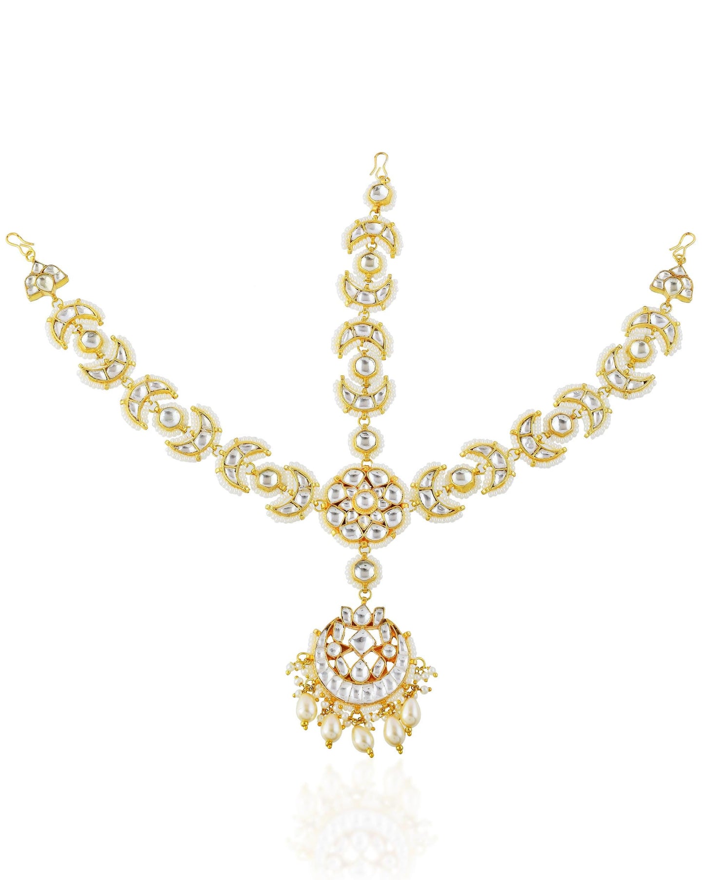 Kundan Sheeshpatti with Maang Tikka, Pearl Bridal Headpiece, Indian Wedding Jewelry