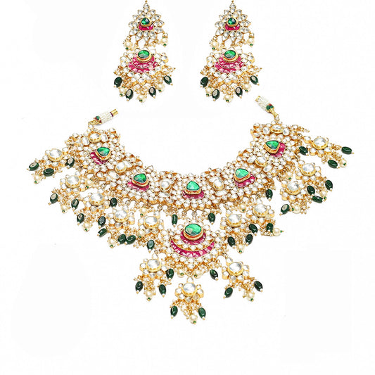 Bridal Kundan Necklace Set, Green Stone Indian Wedding Jewelry, Gold Statement Pink Meenakari Necklace with Earrings Necklace