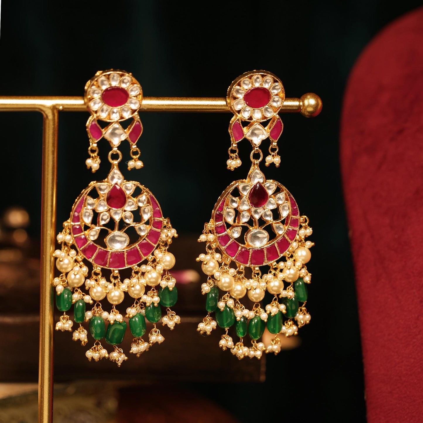 Kundan Bridal Choker Necklace Set, Red Green Pearl Indian Wedding Jewelry, Meenakari Gold Choker Set with Earrings, Statement Ethnic Jewelry