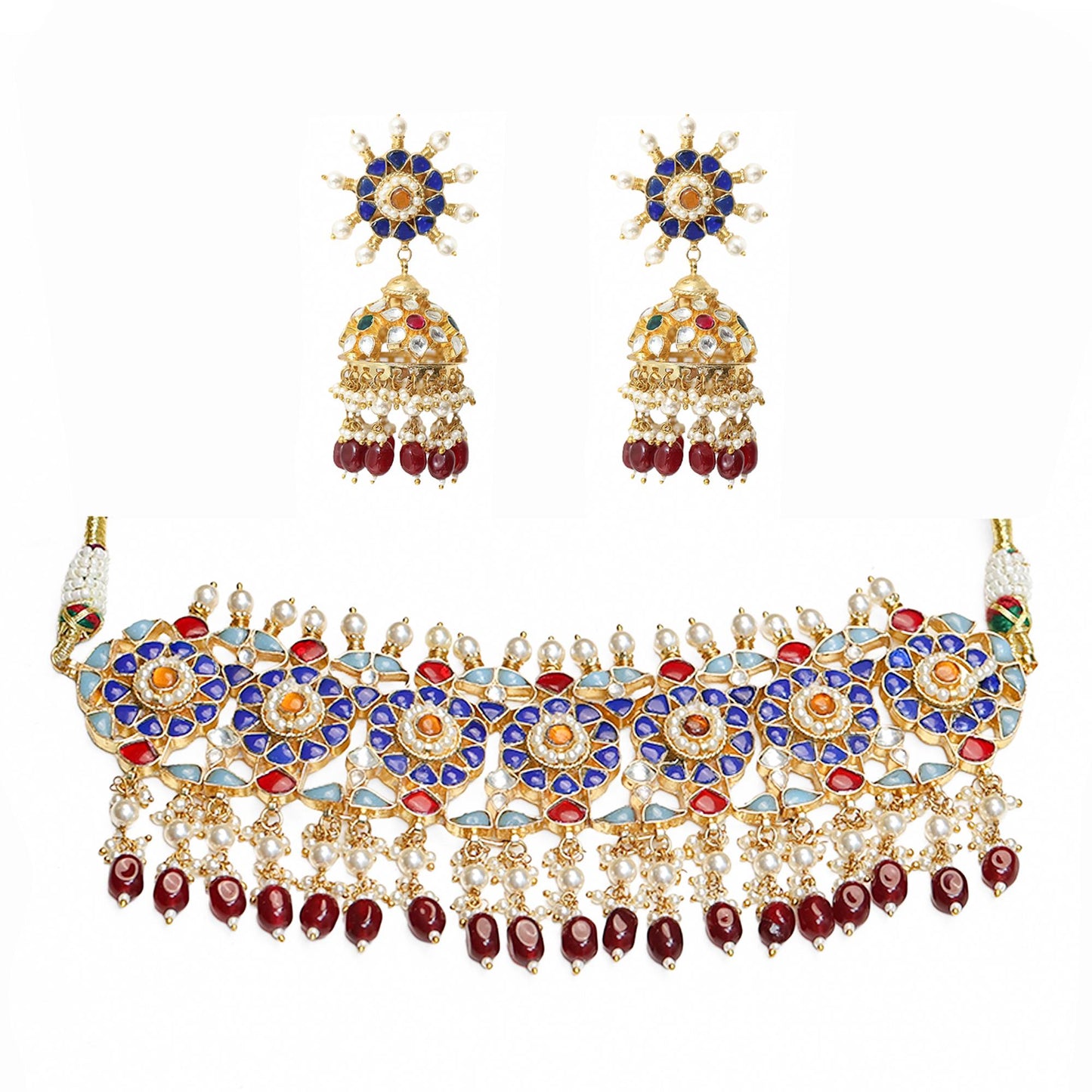 Kundan Choker Necklace Set with Jhumka Earrings, Traditional Indian Bridal Jewelry, Pearl & Ruby Beaded Gold Choker, Wedding Jewelry Set
