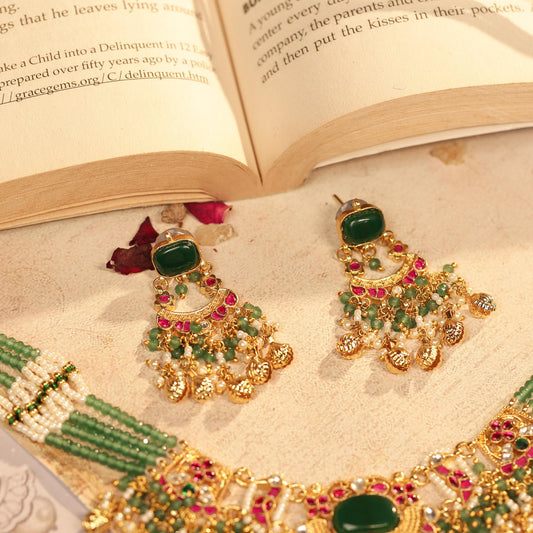 Green Kundan Choker Set Indian Bridal Jewelry Pearl Drop Earrings Jewelry Gift for her