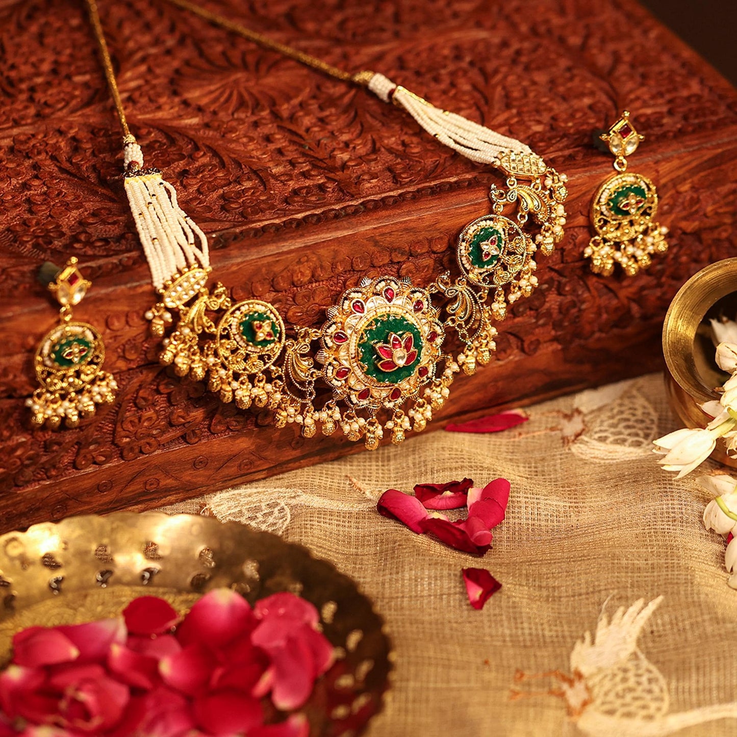 Bridal Choker Necklace Set with Jhumka Earrings, Pearl Multi Strand Indian Wedding Jewelry, Polki Gold Choker, Ethnic Bridal Jewelry Set