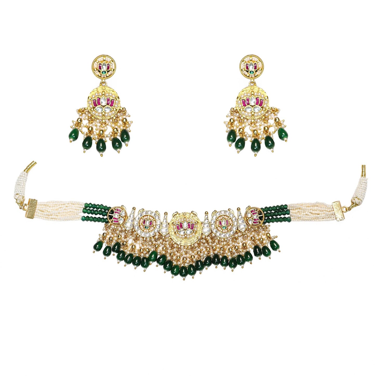 Green Beaded Kundan Choker Necklace Set, Pearl Multi Layer Bridal Jewelry, Indian Wedding Choker, Gold Traditional Necklace with Earrings
