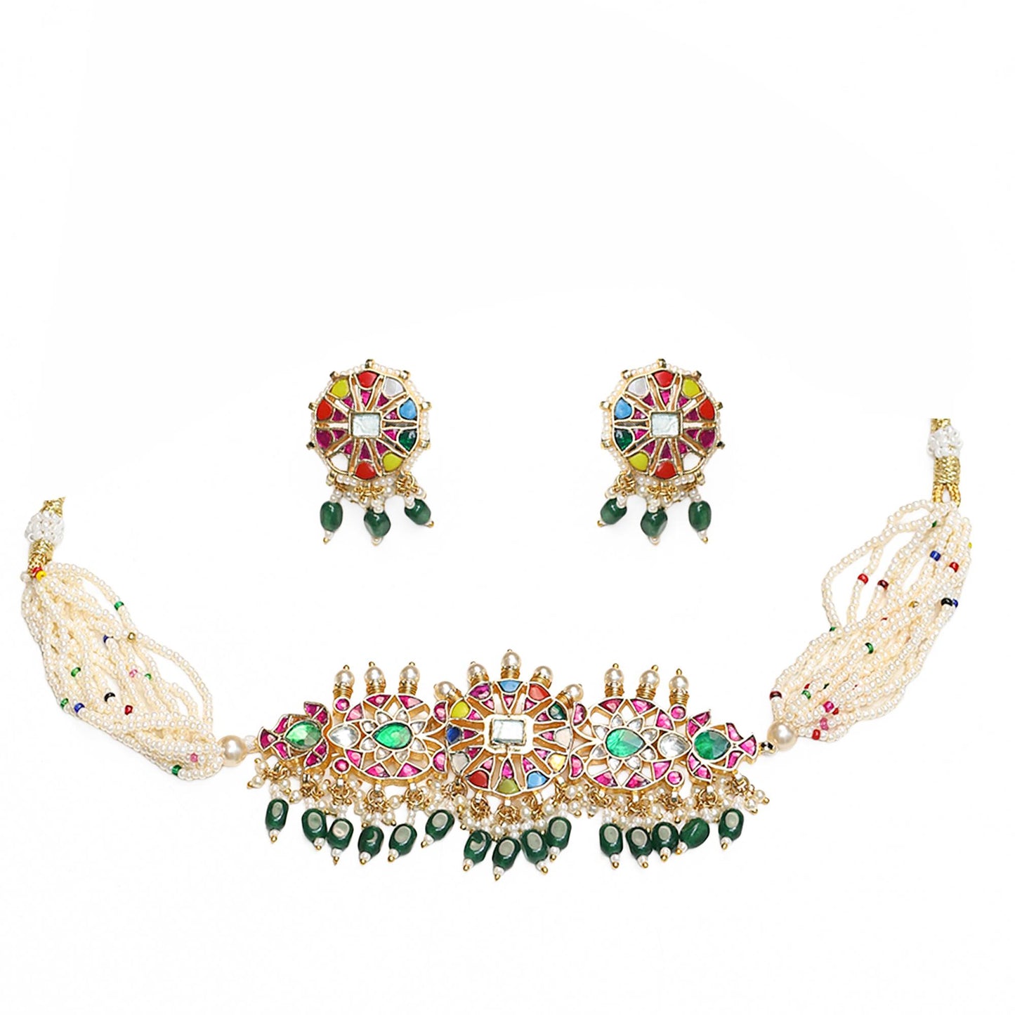 Pearl Polki Beaded Choker Necklace Set, Gold Plated Jewelry, Statement Choker with Earrings, Gift for her