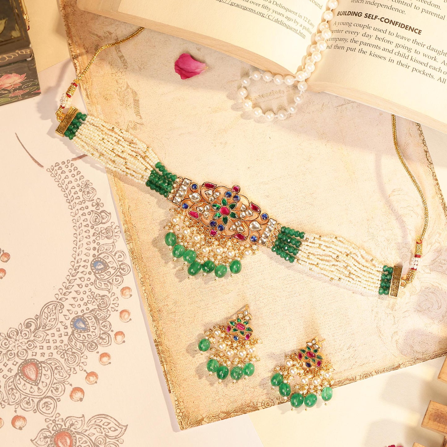 Gold Plated Kundan Choker Set, Green Bead Bridal Necklace, Handmade Indian Wedding Jewelry