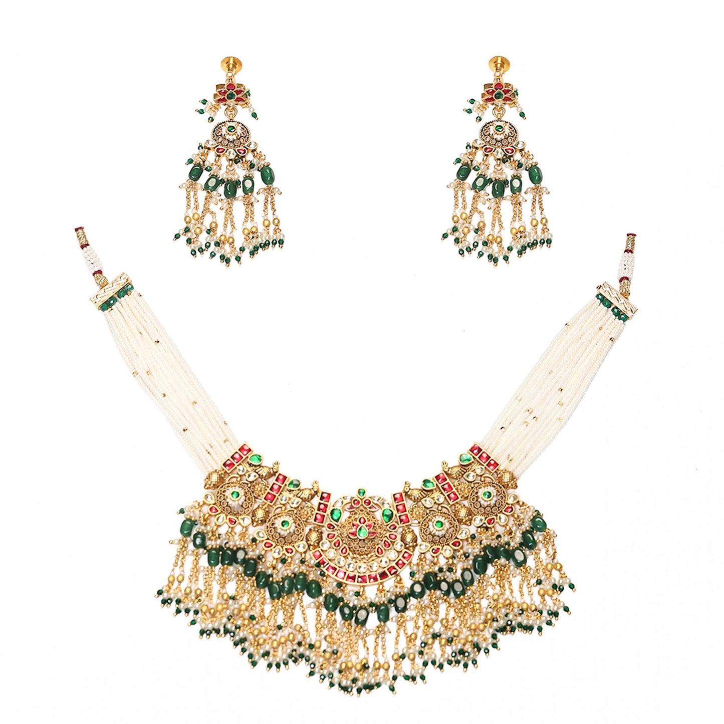 Kundan Pearl Choker Necklace Set with Green Beads Gold Polki Bridal Jewelry Set with Earrings, Wedding Choker, Traditional Ethnic Jewelry