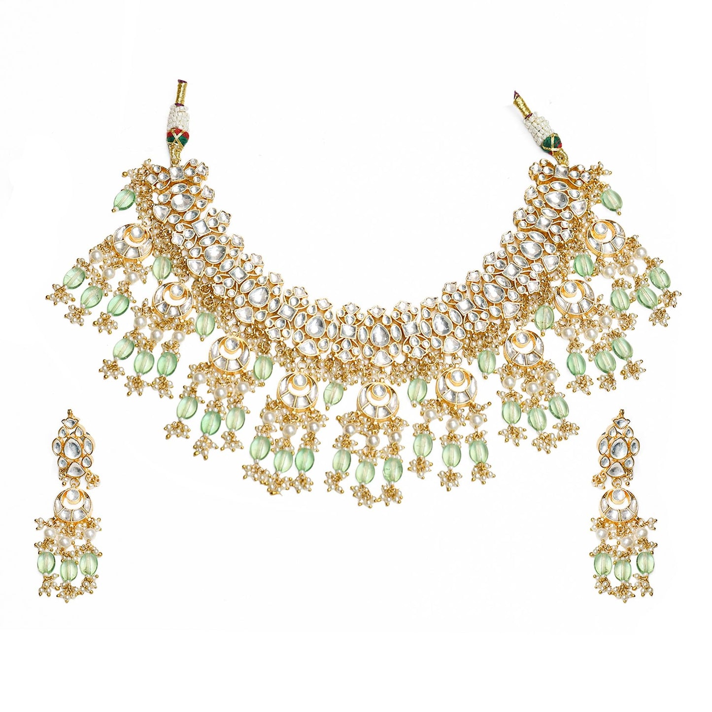 Kundan Bridal Necklace Set, Mint Green Beads, Gold Pearl Choker, Indian Wedding Jewelry