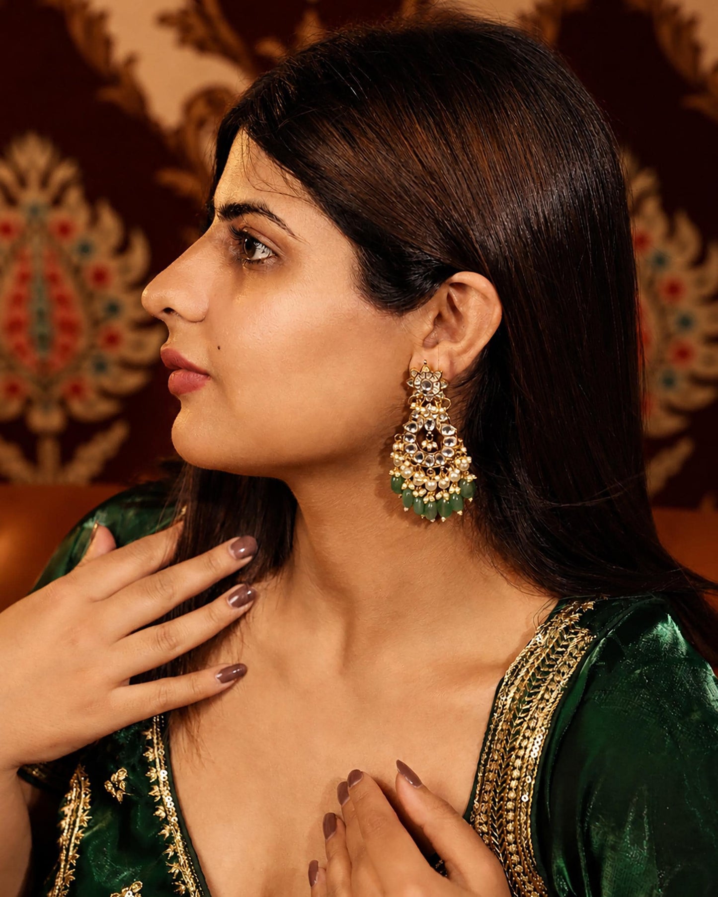 Handmade Jadau Chandbali Earrings, Gold Plated Polki Earrings, Green Bead Bridal Jewelry, Indian Ethnic Statement Earrings