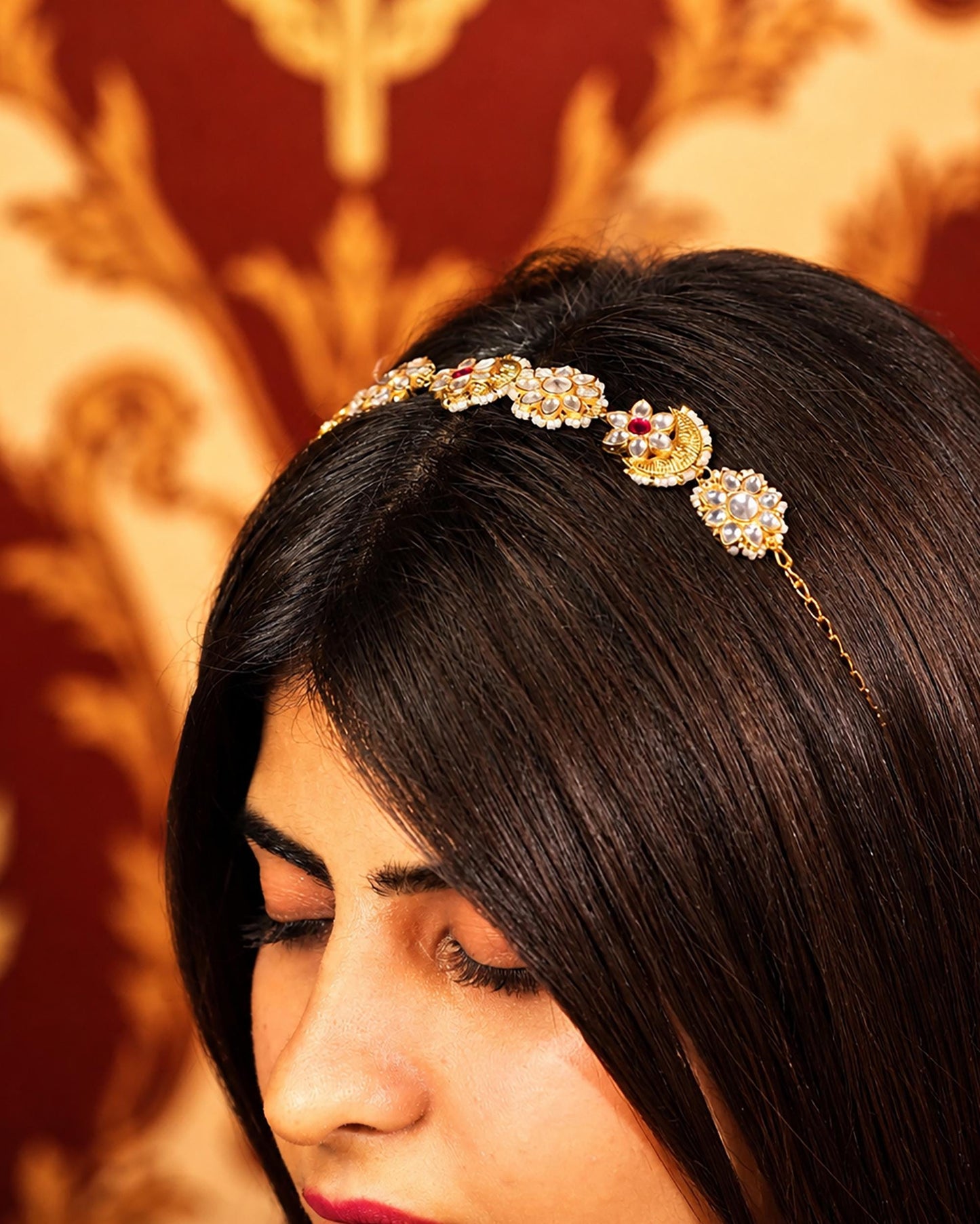 Kundan Pearl Matha Patti, Gold & Red Boho Bridal Headpiece, Indian Wedding Jewelry, Traditional Ethnic Hair Accessory, Handmade Bridal Tiara