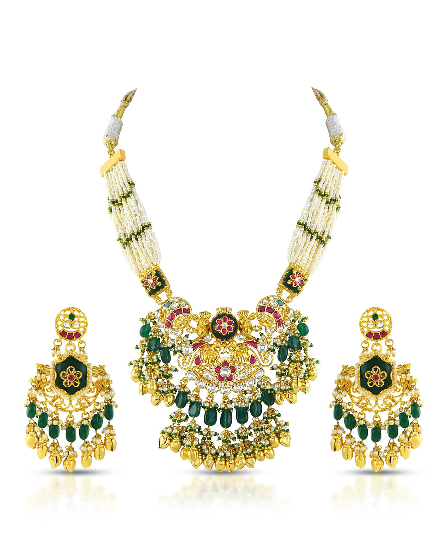 Kundan Choker Set Earrings Necklace, Green Bead & Pearl Indian Jewelry