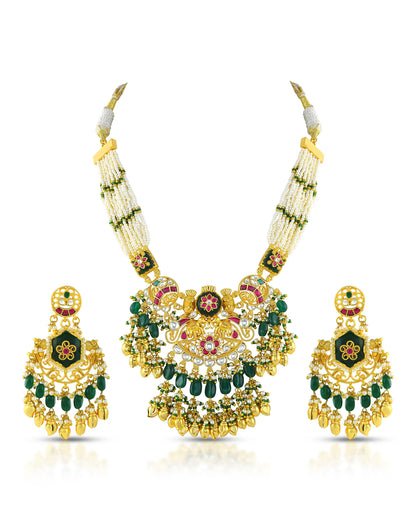 Kundan Choker Set Earrings Necklace, Green Bead & Pearl Indian Jewelry