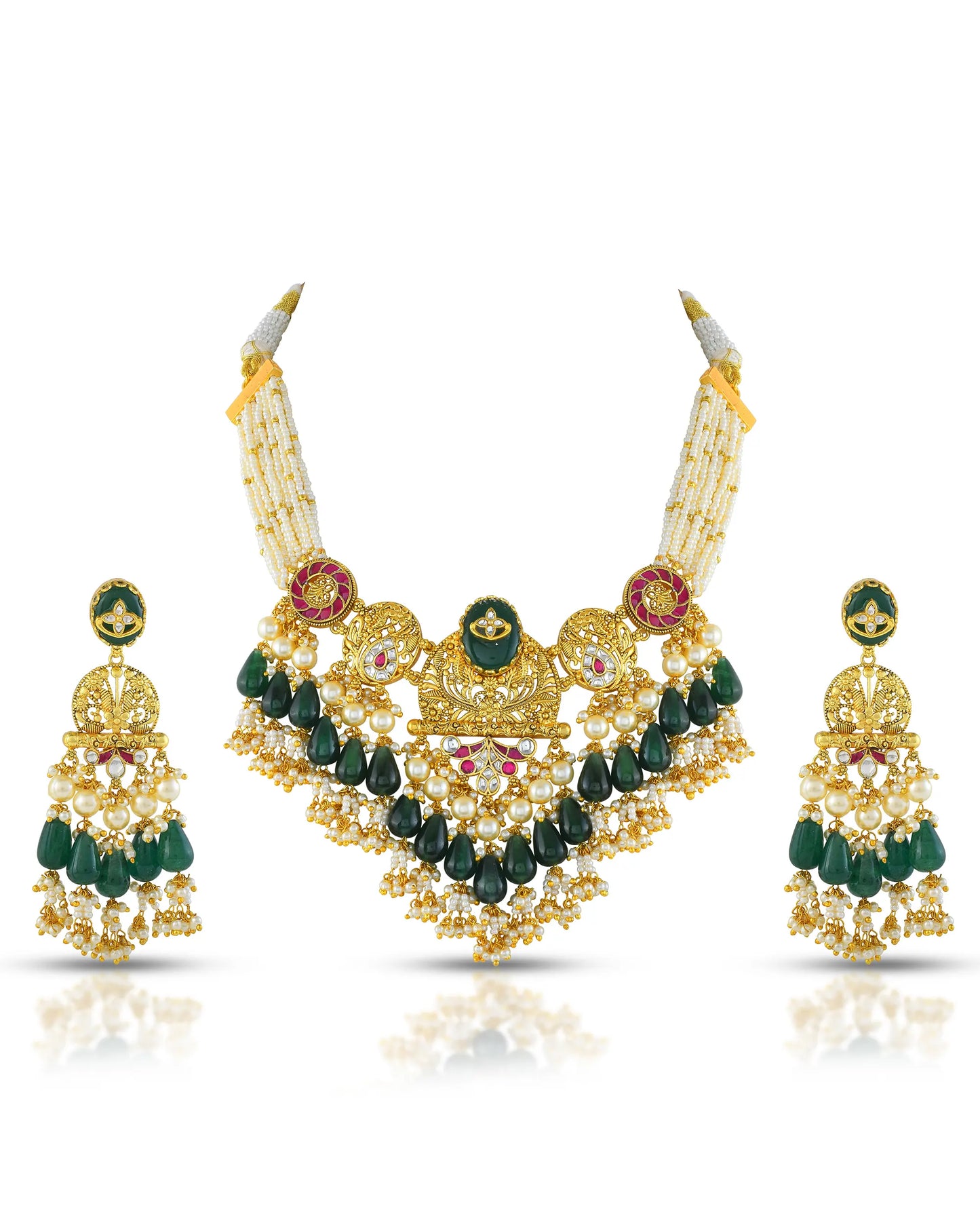 Traditional Kundan Choker Necklace with Green Beads & Pearl Layers Jewelry