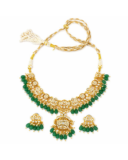 Green Beads Kundan Necklace Set, Gold Plated Indian Bridal Jewelry, Traditional Polki Choker Set with Earrings & PendantWedding Necklace