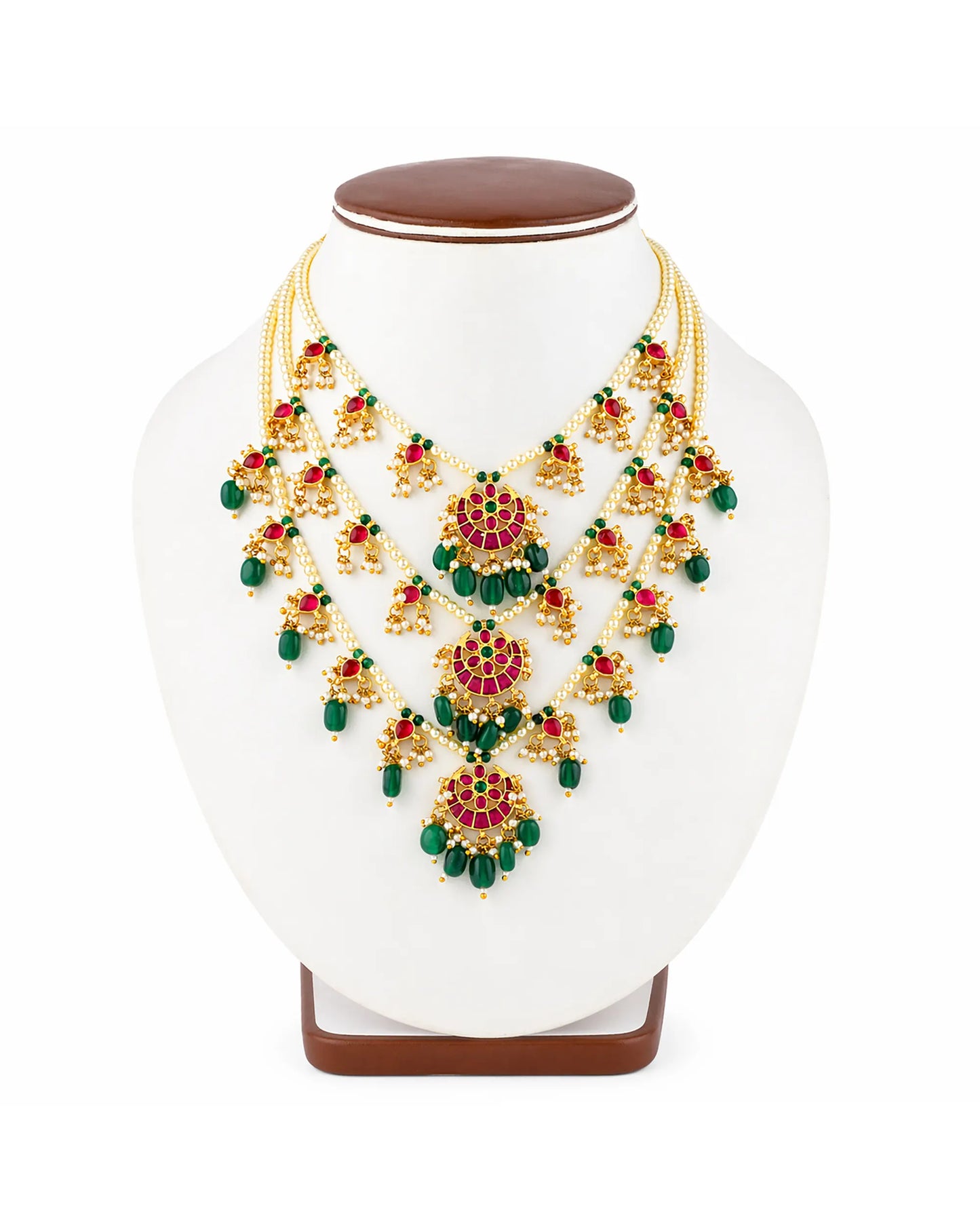 South Indian Temple Jewelry Set Gold Plated Green Bead Necklace Set, Pink Kemp Stone Bridal Haram Set, Traditional Indian Wedding Jewelry