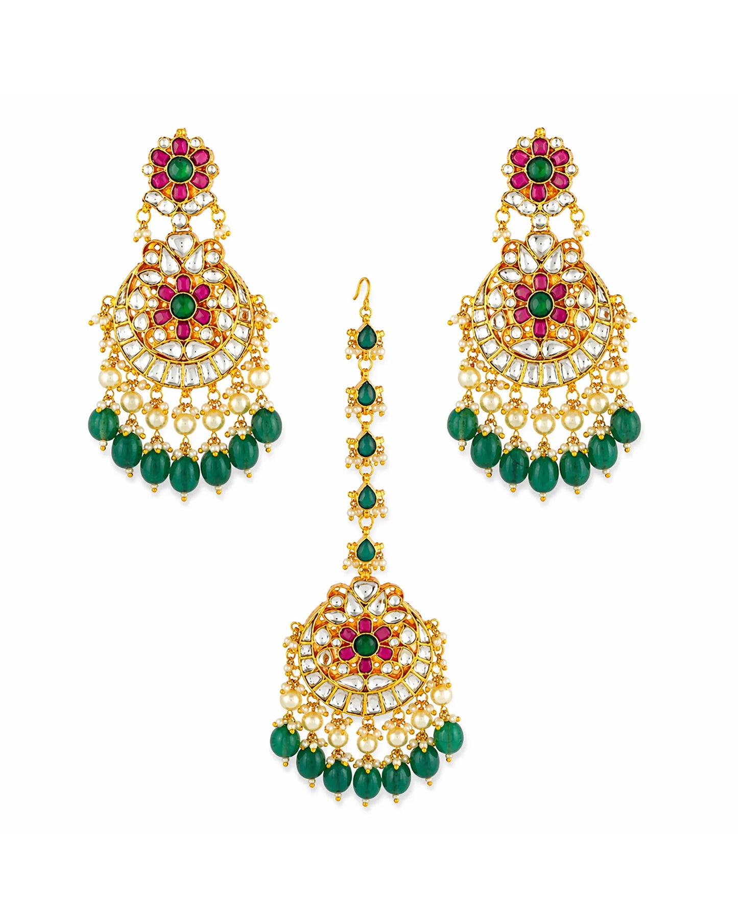 Royal Kundan Polki Bridal Necklace Earrings Set with Green Beads & Maang Tikka  Traditional Indian Wedding Jewelry