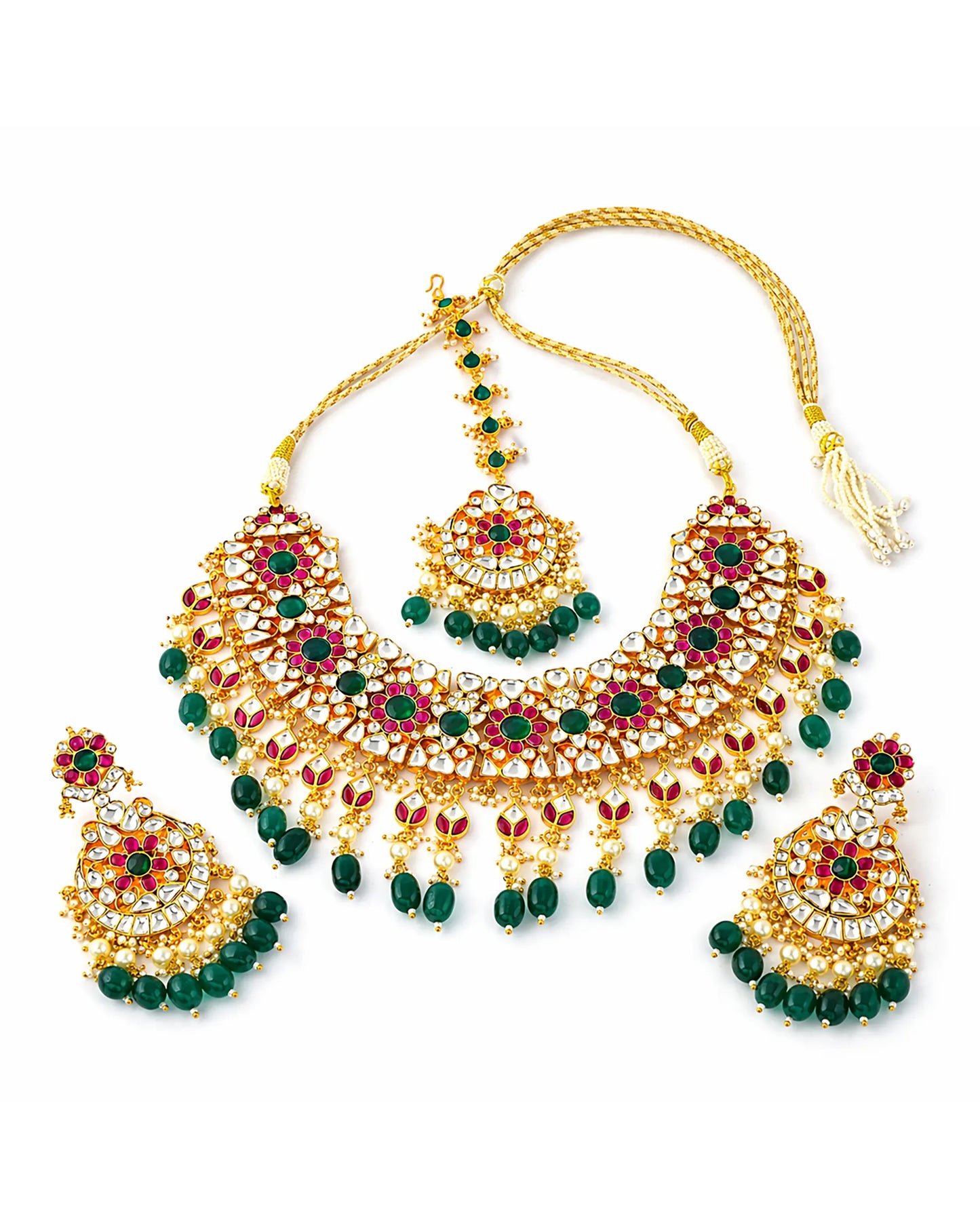 Royal Kundan Polki Bridal Necklace Earrings Set with Green Beads & Maang Tikka  Traditional Indian Wedding Jewelry