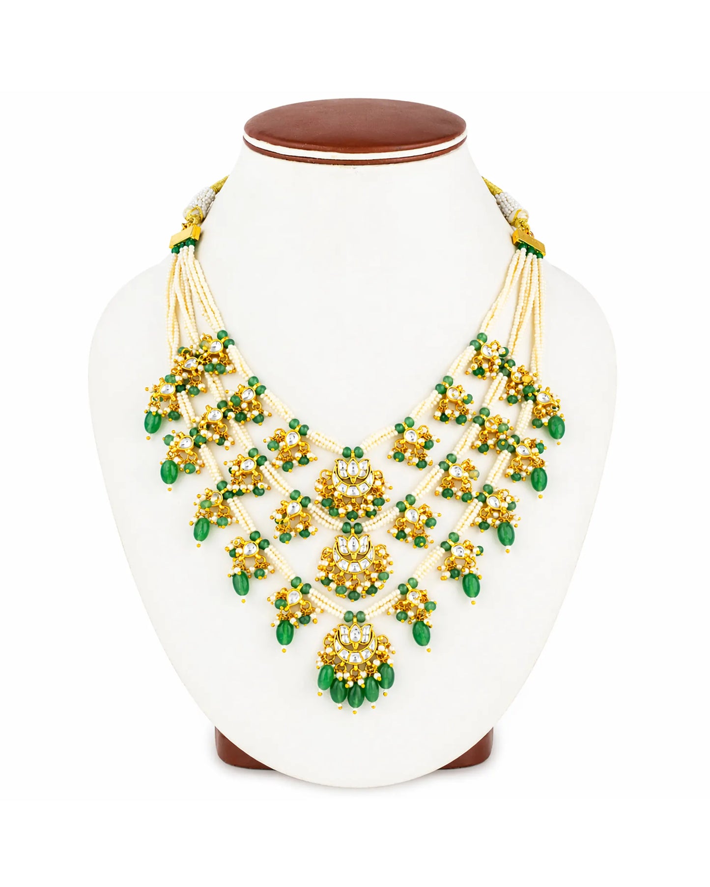 Green Kundan Bridal Necklace Set, Multi Layer Pearl Indian Wedding Jewelry, Gold Statement Necklace Earrings, Traditional Bridal Jewelry Set