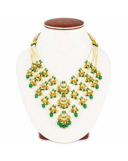 Green Kundan Bridal Necklace Set, Multi Layer Pearl Indian Wedding Jewelry, Gold Statement Necklace Earrings, Traditional Bridal Jewelry Set