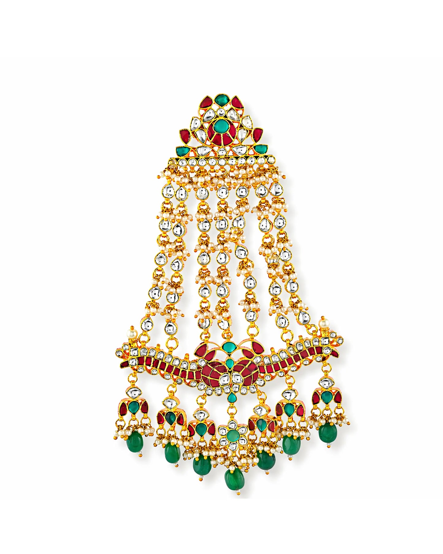 Layered Kundan Passa Headpiece, Gold-Plated Bridal Jhoomar, Mughal Ethnic Jewelry
