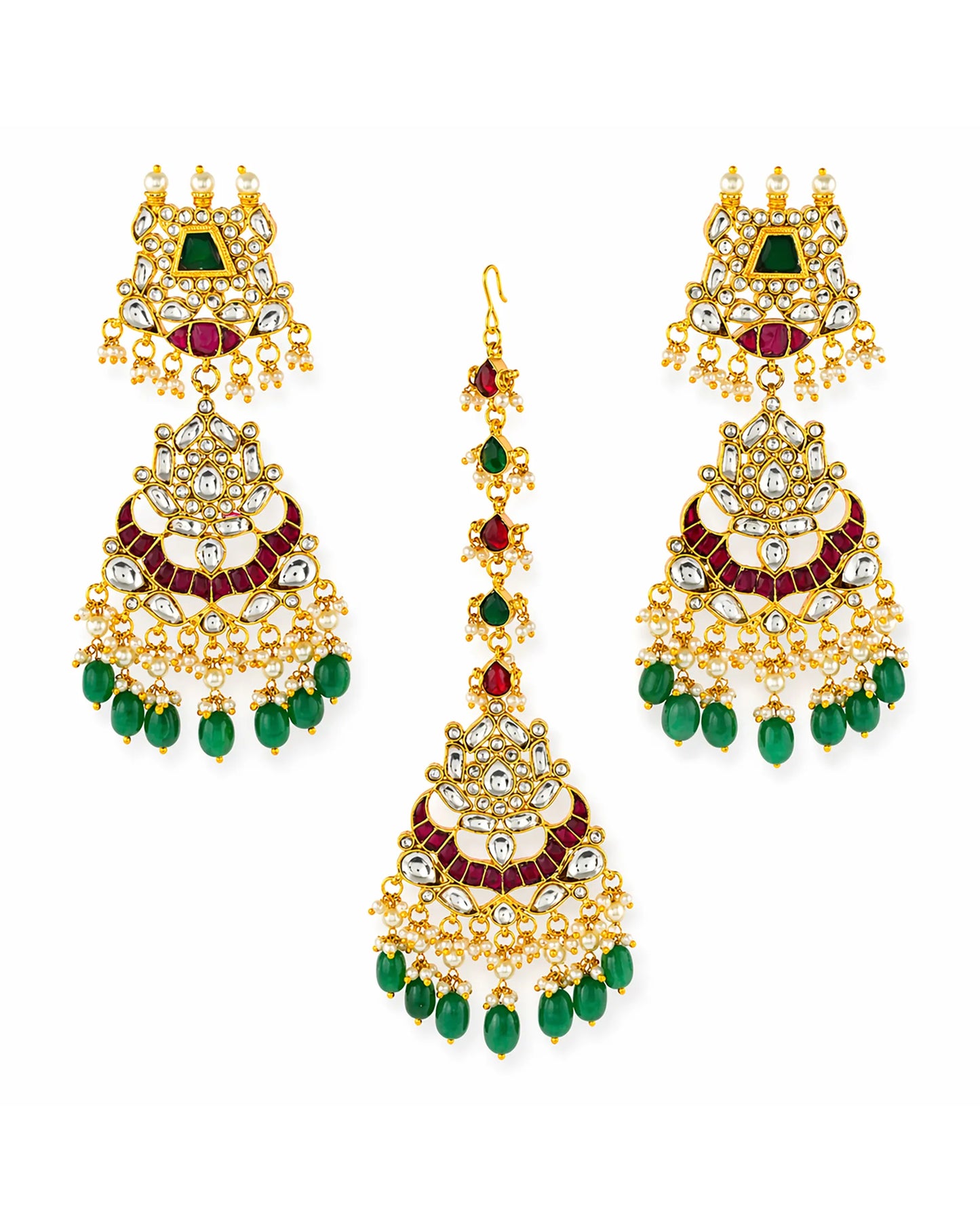 Gold Plated Kundan Bridal Necklace Set with Maang Tikka & Chandbali Earrings, Indian Wedding Jewelry Set, Green Beads Rani Pink Polki Choker