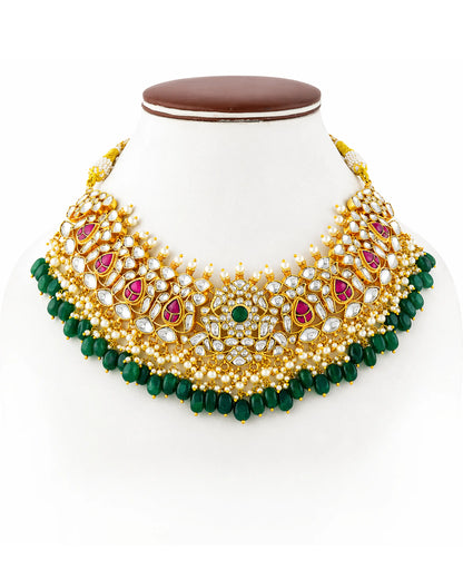 Gold Plated Kundan Bridal Necklace Set with Maang Tikka & Chandbali Earrings, Indian Wedding Jewelry Set, Green Beads Rani Pink Polki Choker