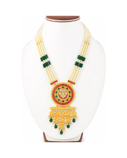 Traditional Long Pendant Necklace Set, Indian Pearl Mala Jewelry, Kundan Bridal Necklace, Ethnic Wedding Jewelry Set, Green Red Pendant Set