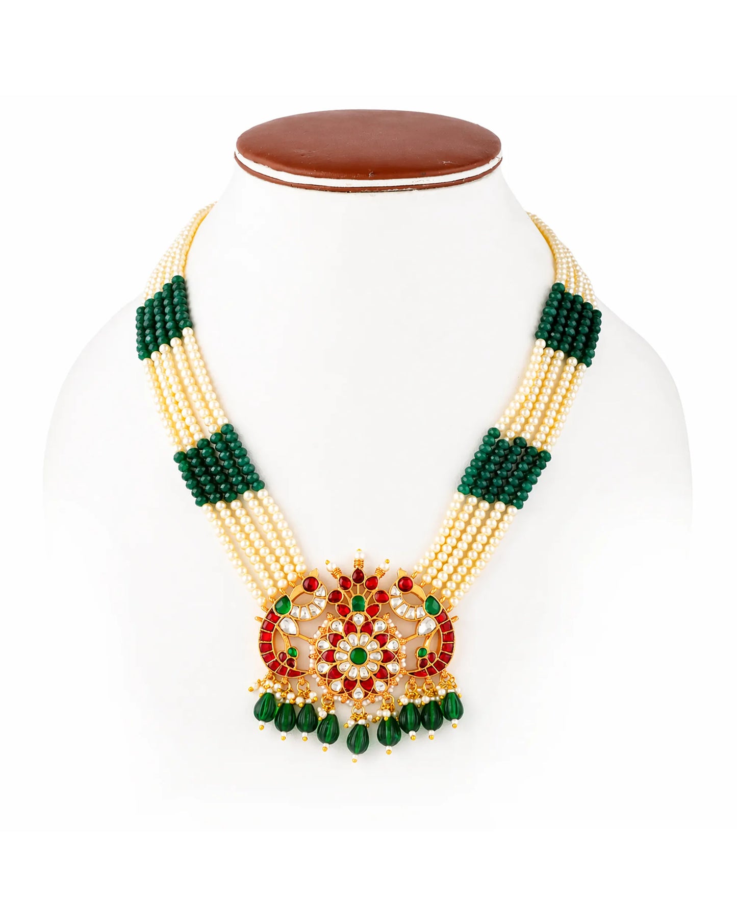 Handmade Long Pendant Necklace Set, Indian Pearl Mala Jewelry, Kundan Bridal Necklace, Ethnic Wedding Jewelry Set, Green Red Pendant Set