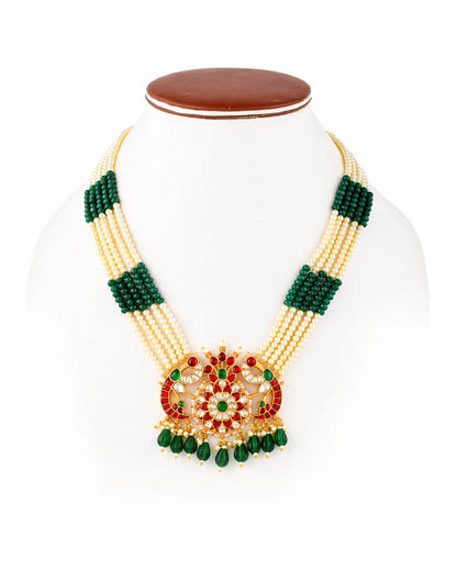 Handmade Long Pendant Necklace Set, Indian Pearl Mala Jewelry, Kundan Bridal Necklace, Ethnic Wedding Jewelry Set, Green Red Pendant Set