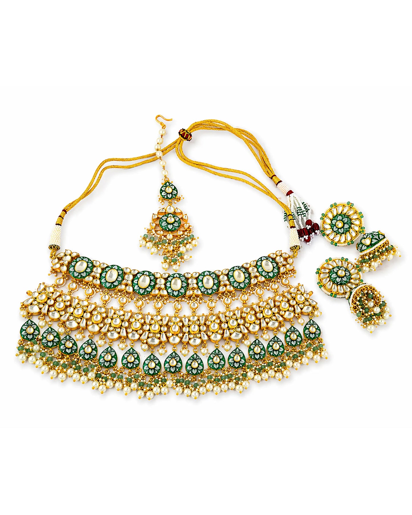 Royal Kundan Polki Bridal Necklace Earrings Set with Green Beads & Maang Tikka  Traditional Indian Wedding Jewelry