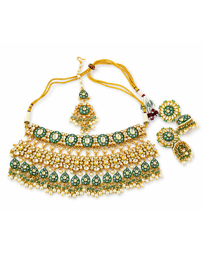 Royal Kundan Polki Bridal Necklace Earrings Set with Green Beads & Maang Tikka  Traditional Indian Wedding Jewelry
