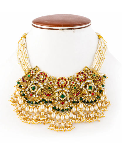 Gold Plated Green Beads and Pink Stone Bridal Necklace Set, Indian Wedding Jewelry, Kundan Ethnic Necklace, Traditional Bridal Jewelry Set