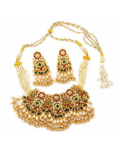 Gold Plated Green Beads and Pink Stone Bridal Necklace Set, Indian Wedding Jewelry, Kundan Ethnic Necklace, Traditional Bridal Jewelry Set