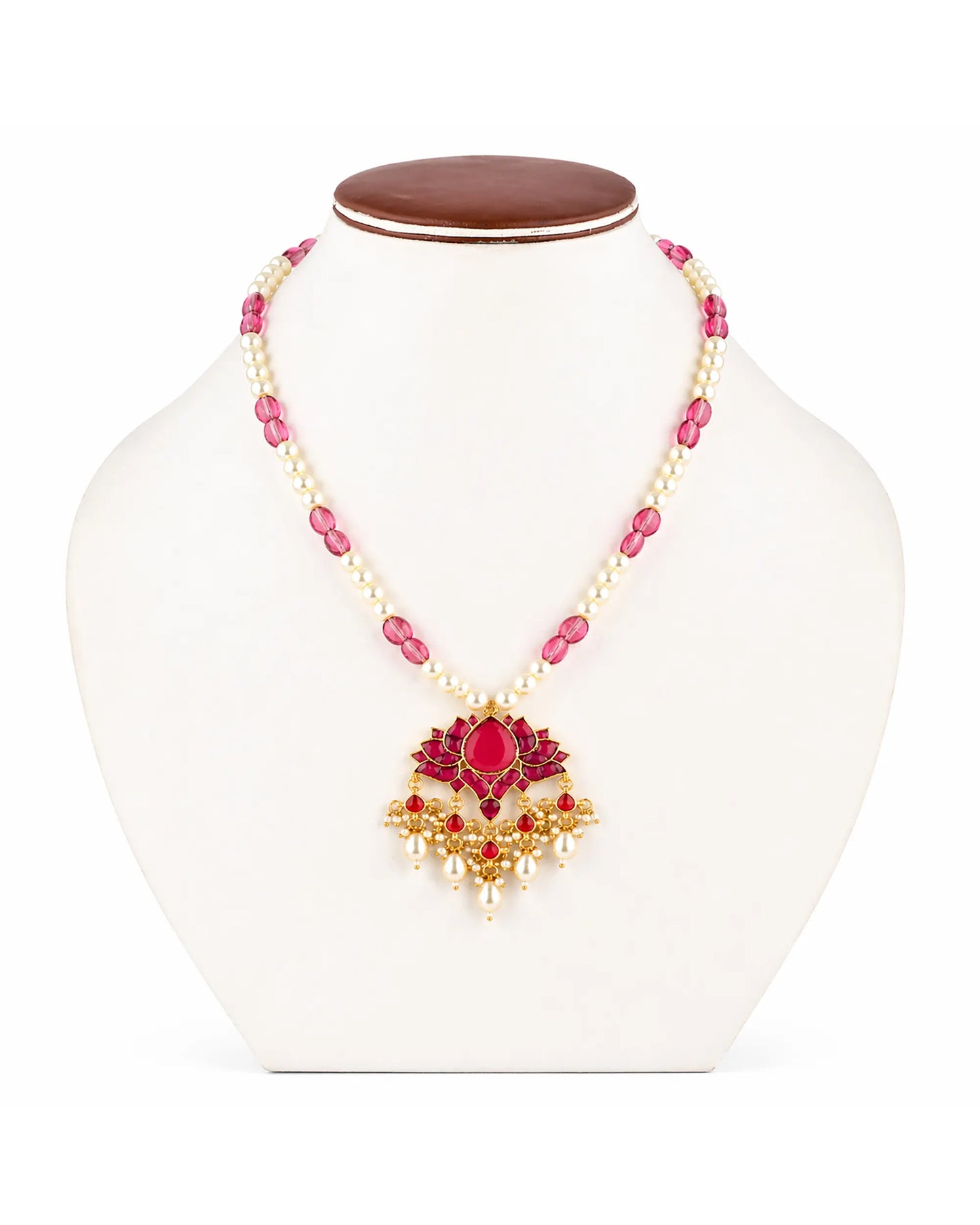 Pink Lotus Pearl Beads Long Pendant Necklace Set, Indian Bridal Jewelry, Kundan Ethnic Necklace, Lotus Pendant Jewelry, Wedding Pearl Mala