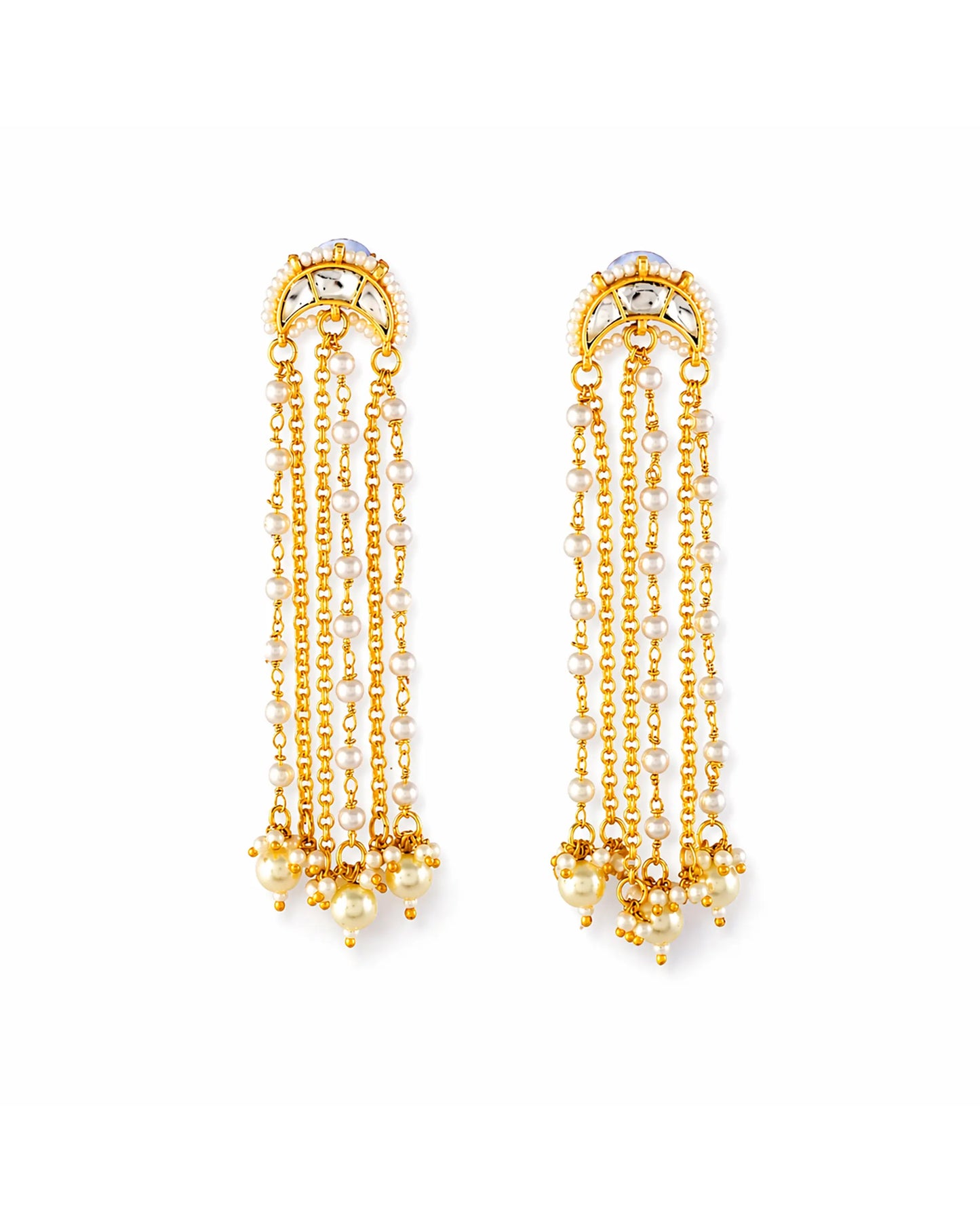 Gold Plated Kundan Pearl Tassel Earrings