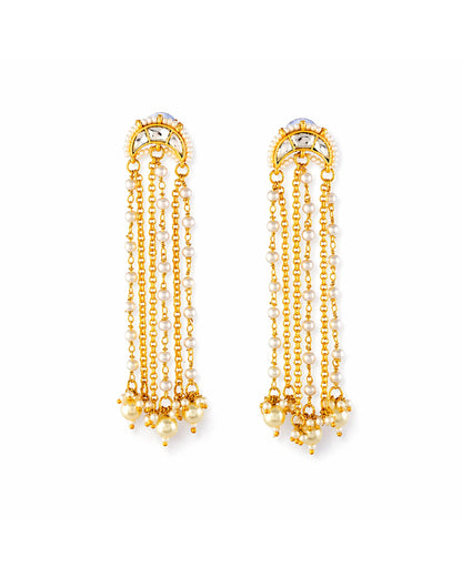 Gold Plated Kundan Pearl Tassel Earrings