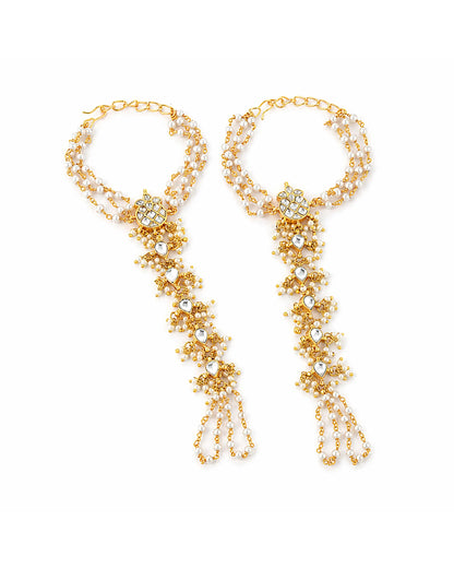 Kundan Pearl Hand Harness Bracelet for Women Gold Plated Hand Accessory