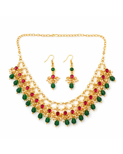 Kundan Pearl Necklace Set, Green Red Bridal Jewelry, Indian Wedding Necklace, Gold Plated Ethnic Jewelry